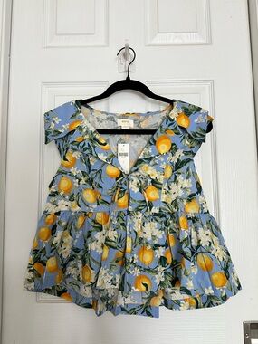 Maeve Babydoll Blue Lemon Print Peplum Blouse